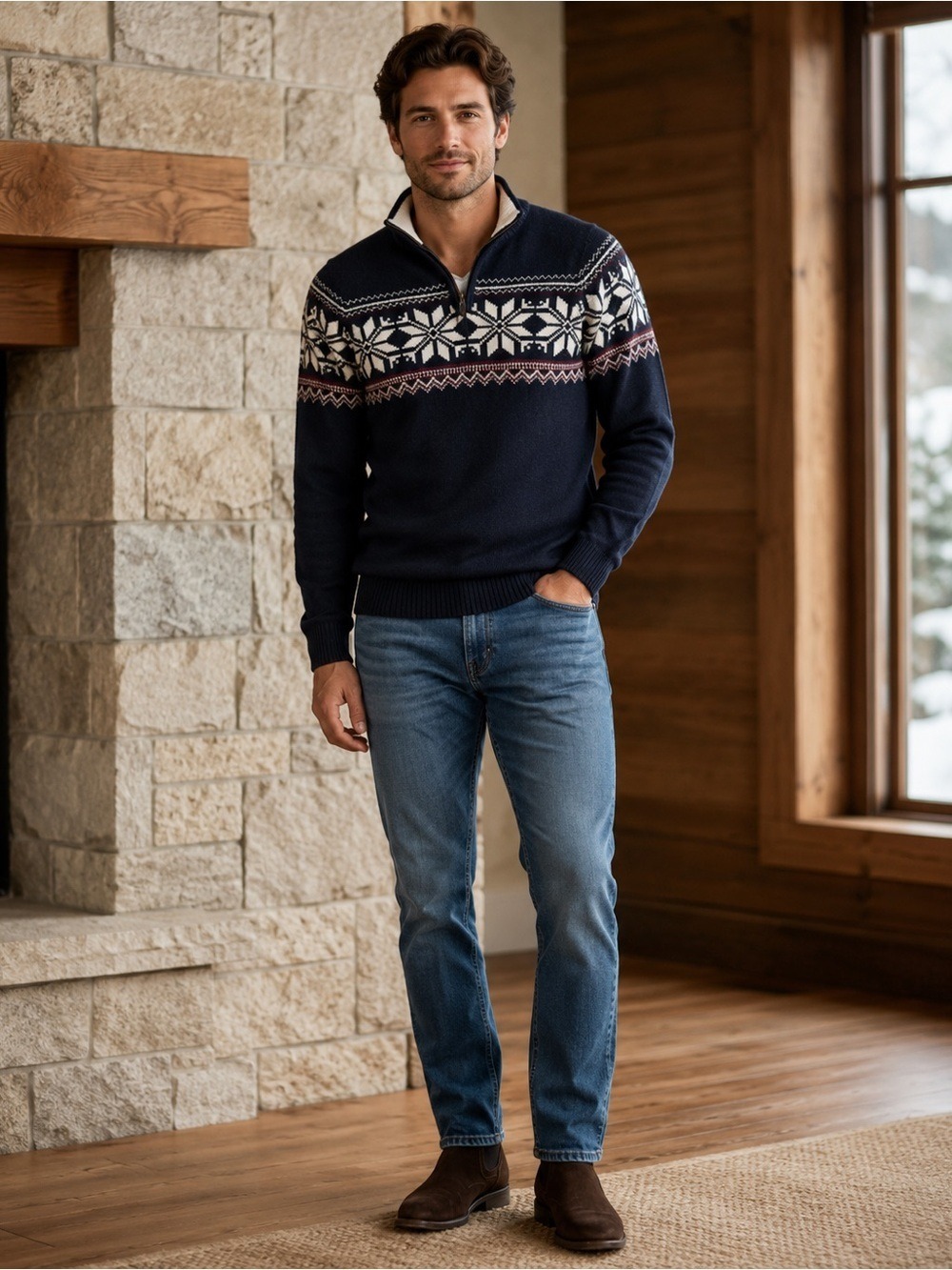 Men’s Aspen Fisherman’s Style Snowflake 1/4 Zip Sweater. Size S